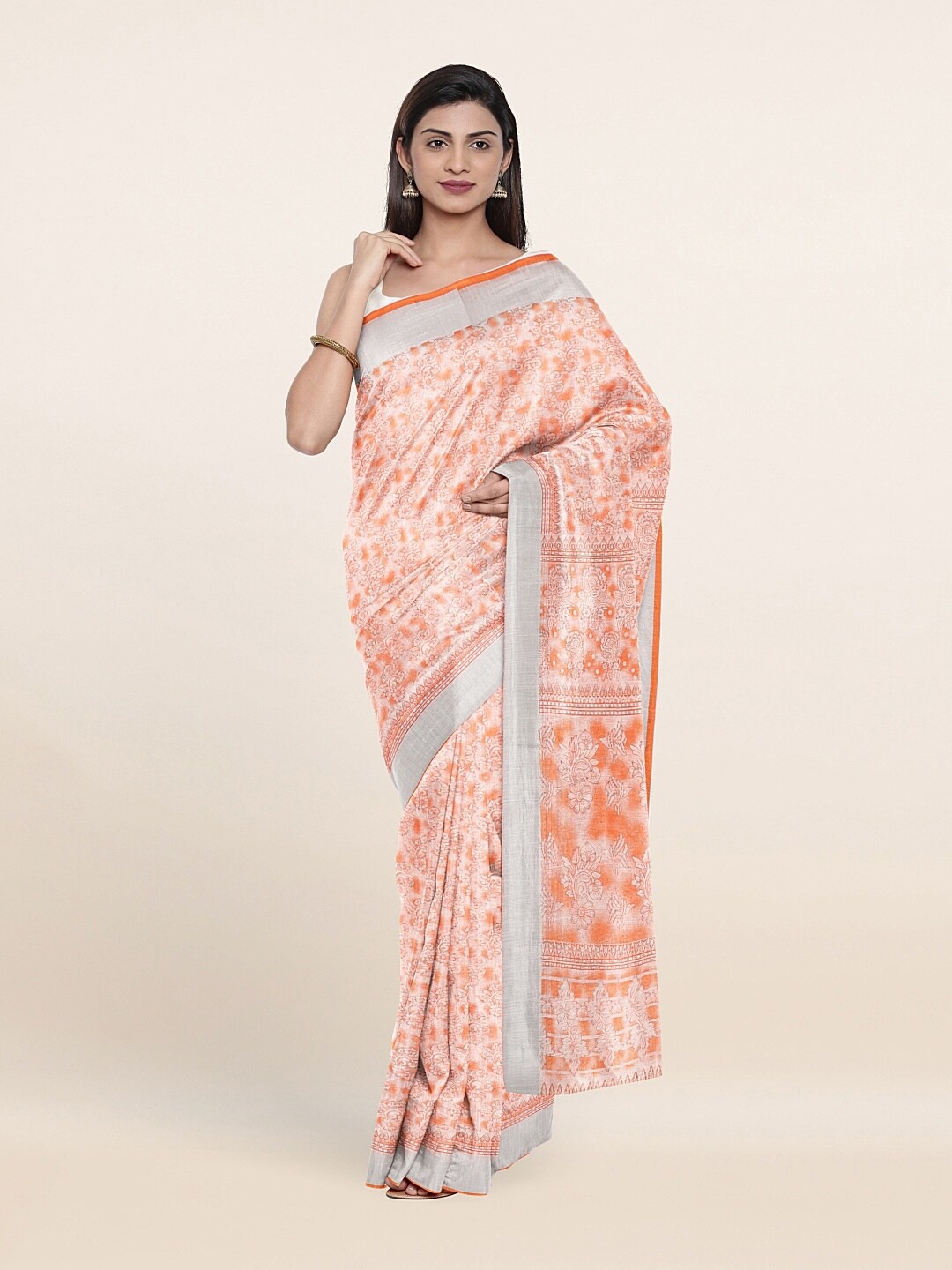 

Pothys Orange & White Floral Printed Zari Saree