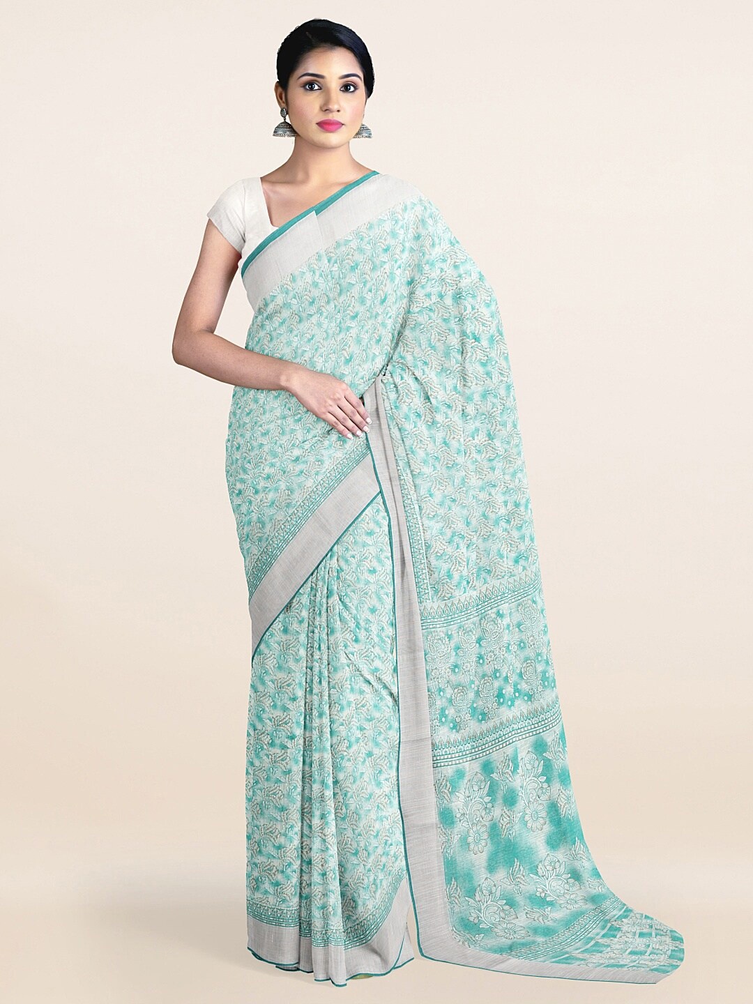 

Pothys Green & White Floral Zari Saree