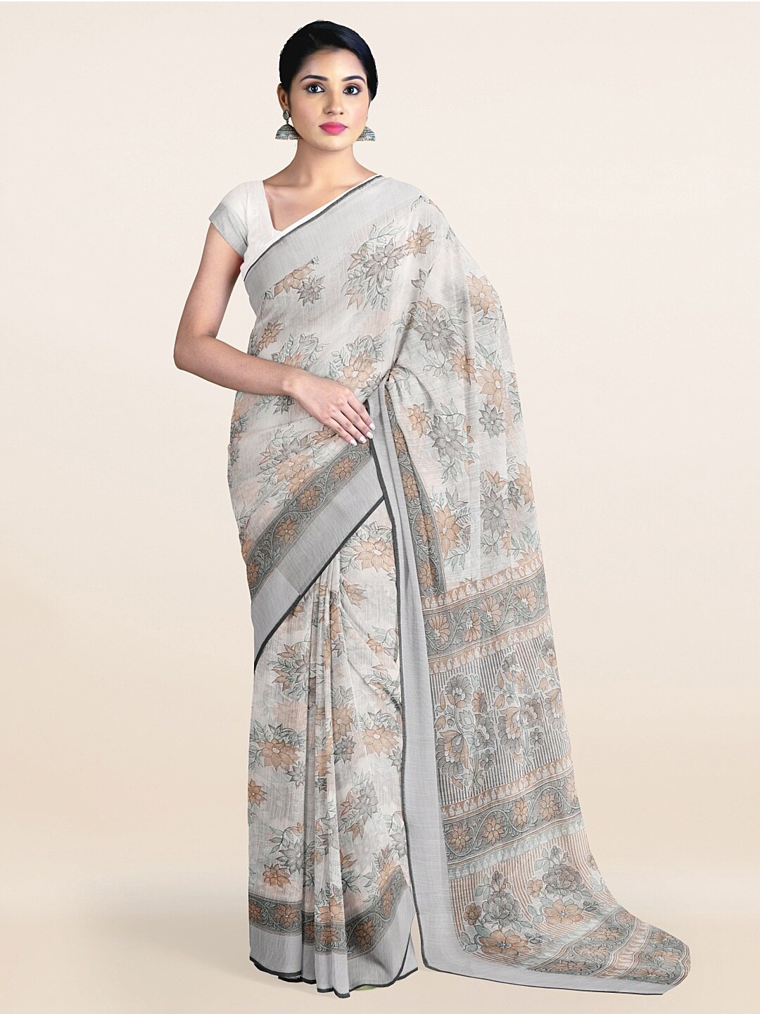 

Pothys Off White & Silver-Toned Ethnic Motifs Zari Saree