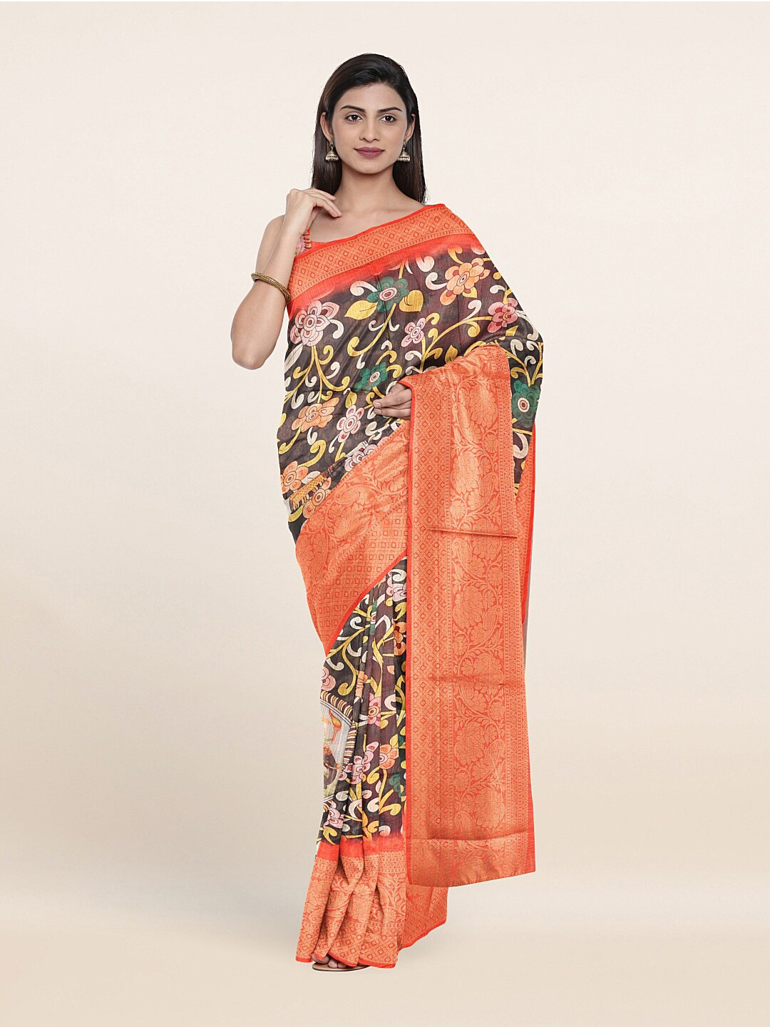 

Pothys Black & Gold-Toned Floral Zari Pure Cotton Saree