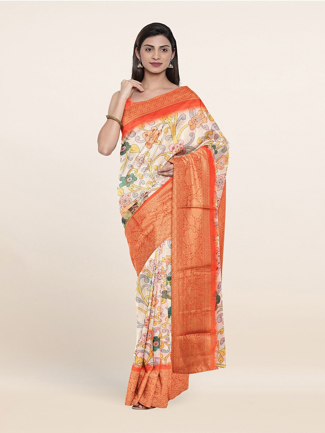

Pothys Cream-Coloured & Orange Floral Pure Cotton Saree
