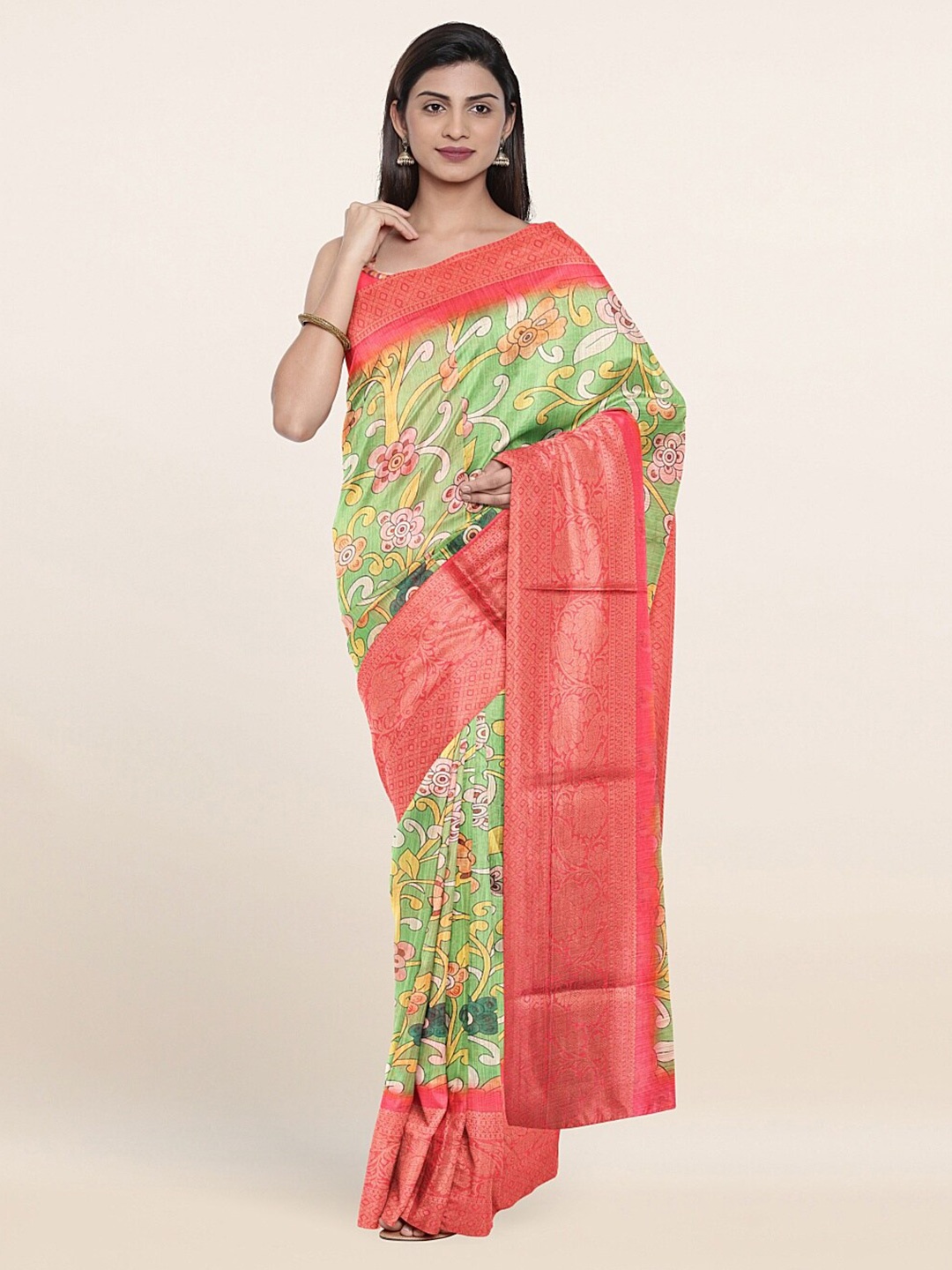 

Pothys Green & Pink Ethnic Motifs Zari Pure Cotton Saree