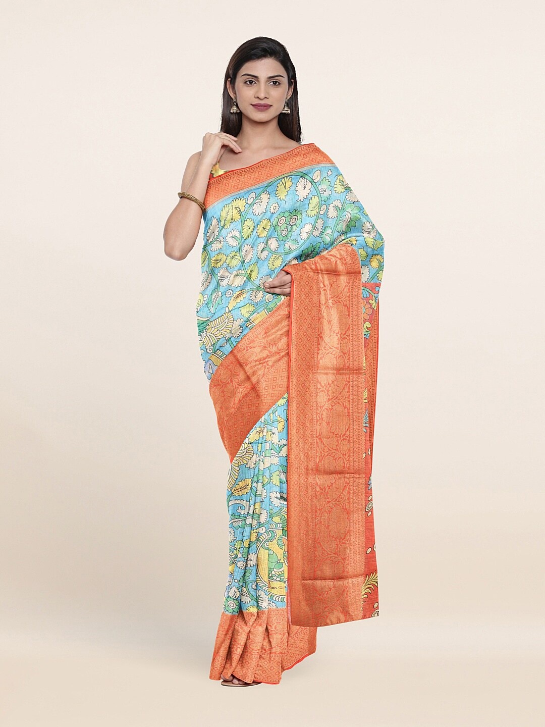 

Pothys Blue & Peach-Coloured Floral Printed Pure Cotton Saree