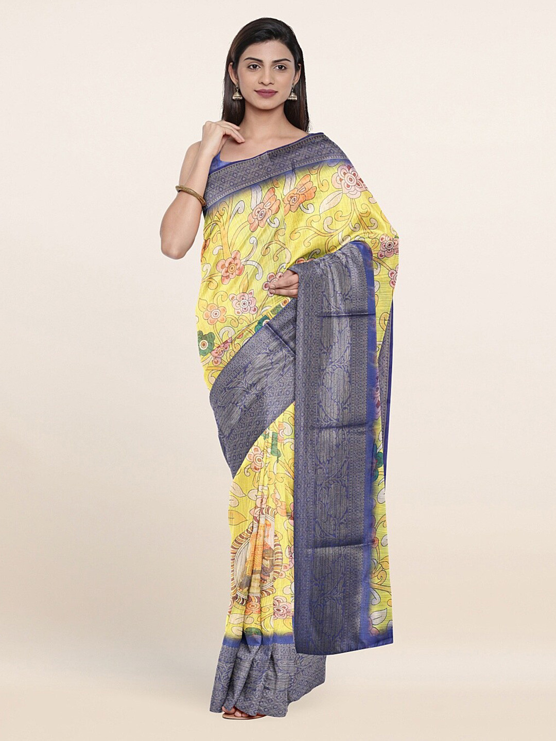 

Pothys Yellow & Navy Blue Ethnic Motifs Pure Cotton Saree