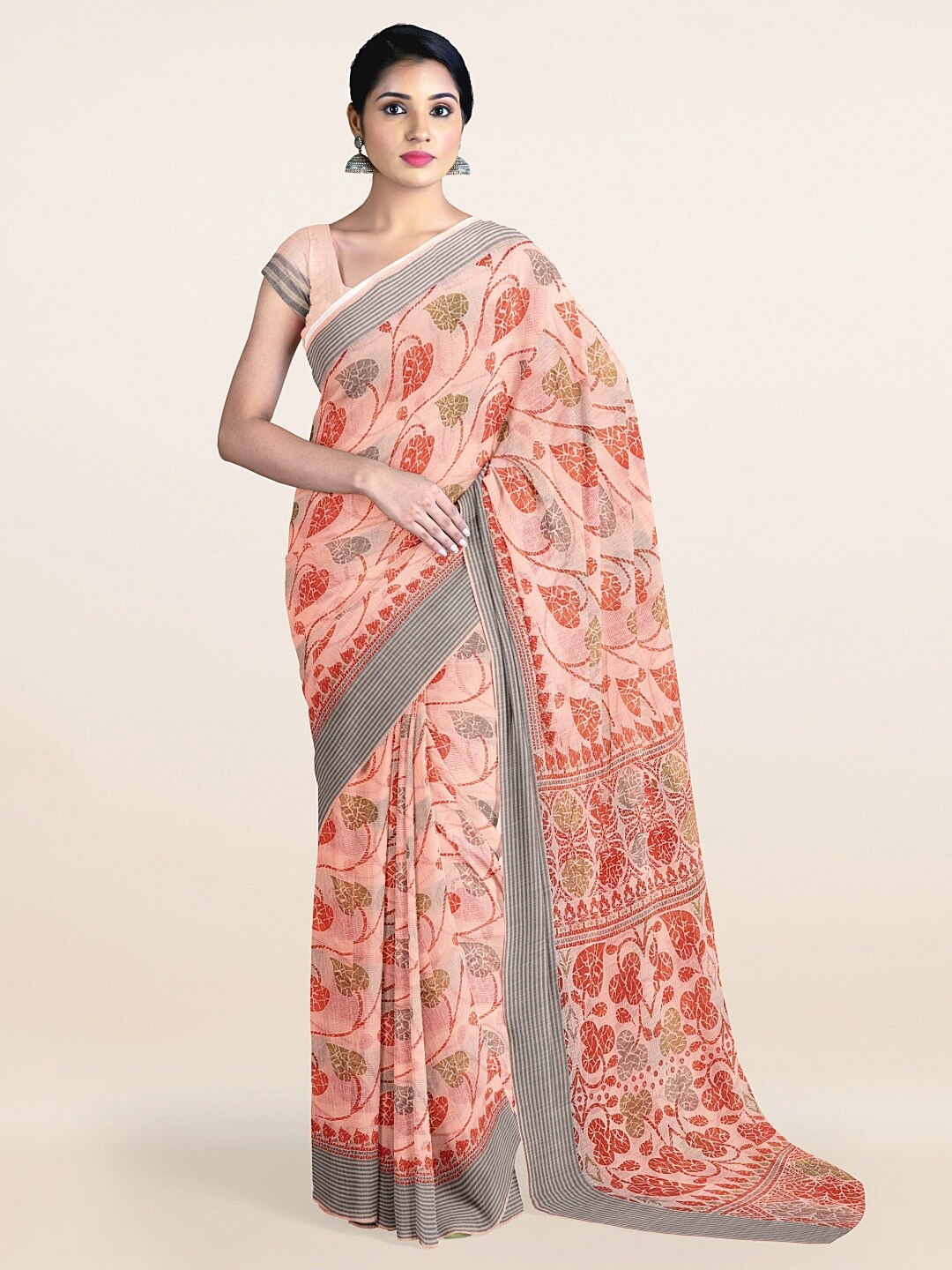 

Pothys Peach-Coloured & Silver Ethnic Motifs Printed Zari Saree