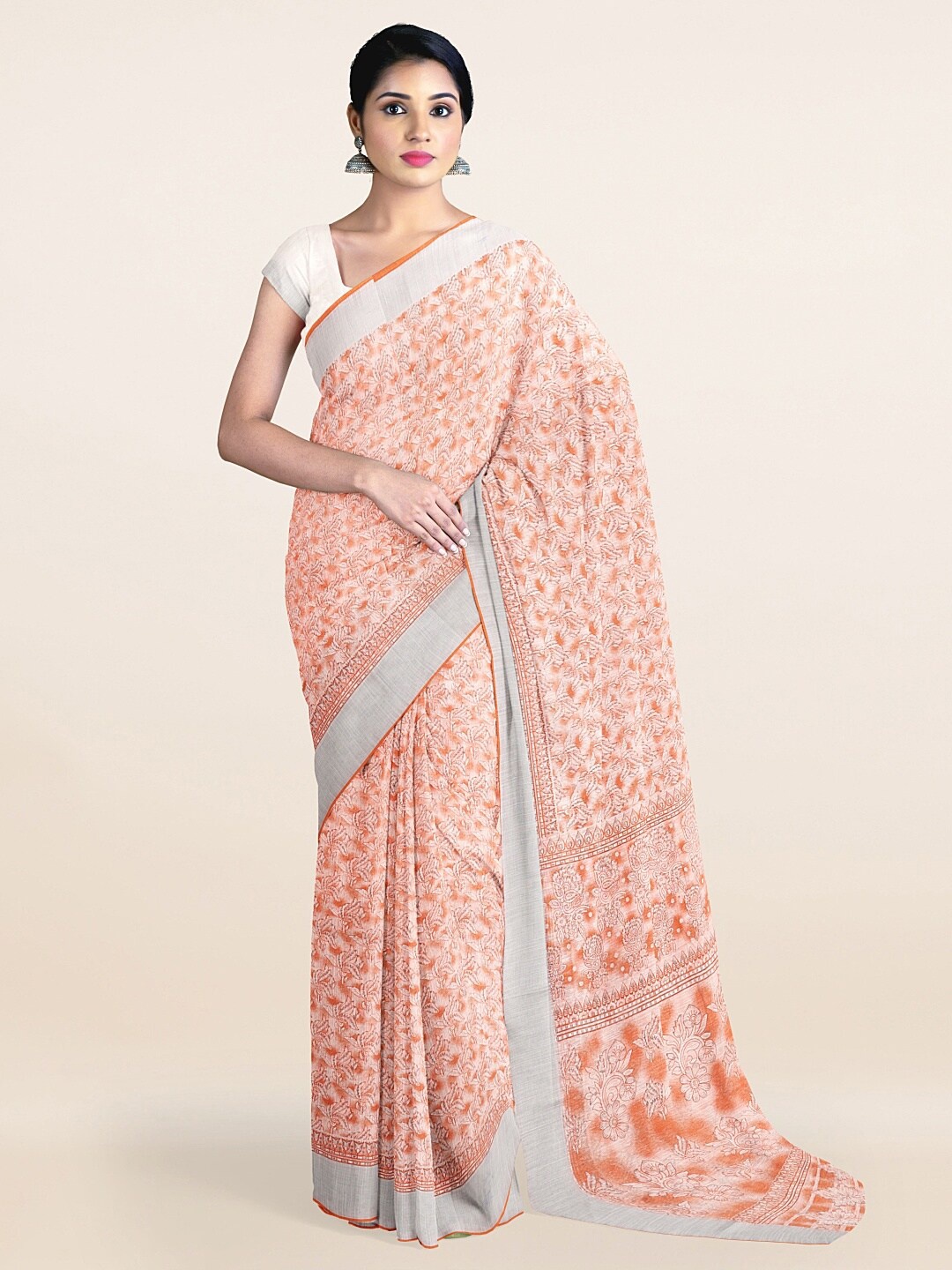 

Pothys Orange & Silver-Toned Floral Zari Border Cotton Blend Saree
