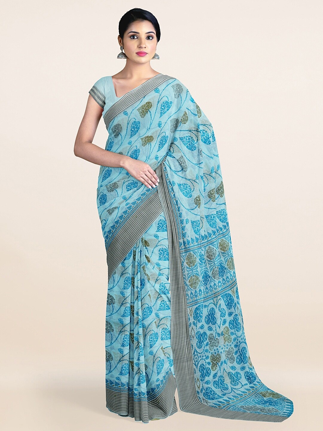 

Pothys Turquoise Blue & Silver-Toned Floral Printed Cotton Blend Saree