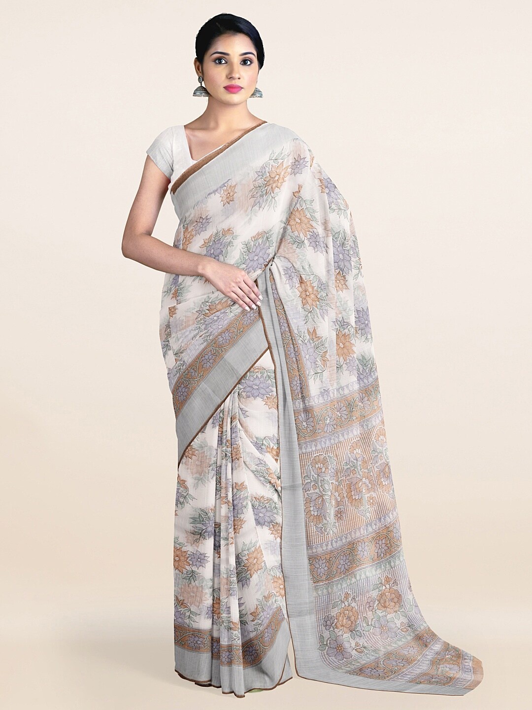 

Pothys Off White & Brown Floral Printed Saree