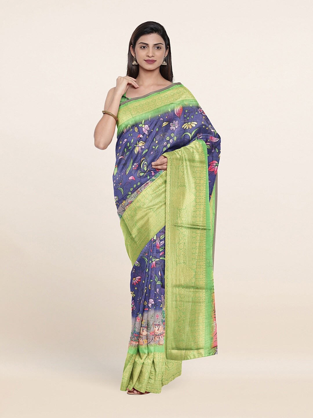 

Pothys Navy Blue & Gold-Toned Floral Zari Pure Cotton Saree
