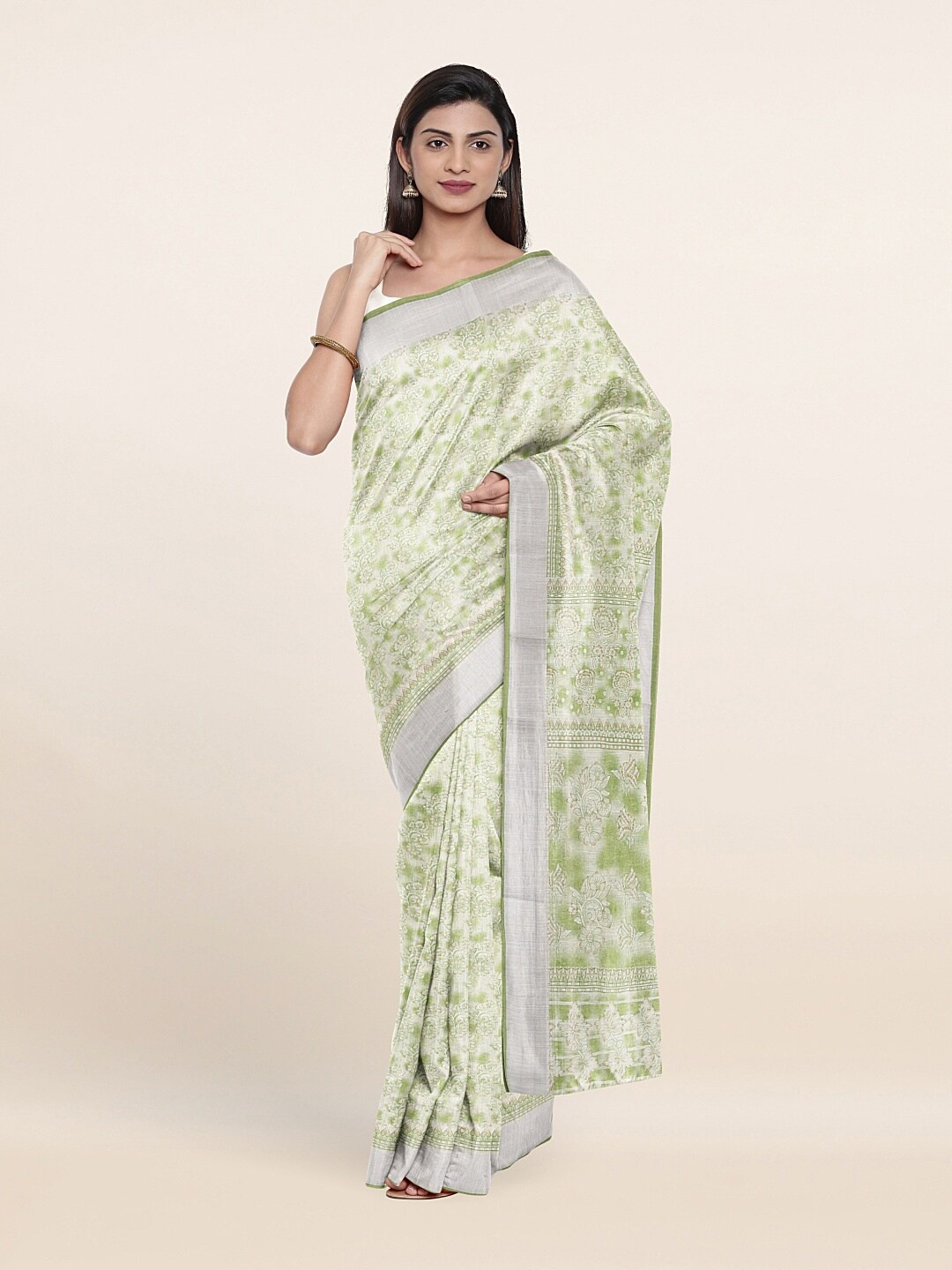 

Pothys Green & Off-White Floral Printed Zari Saree
