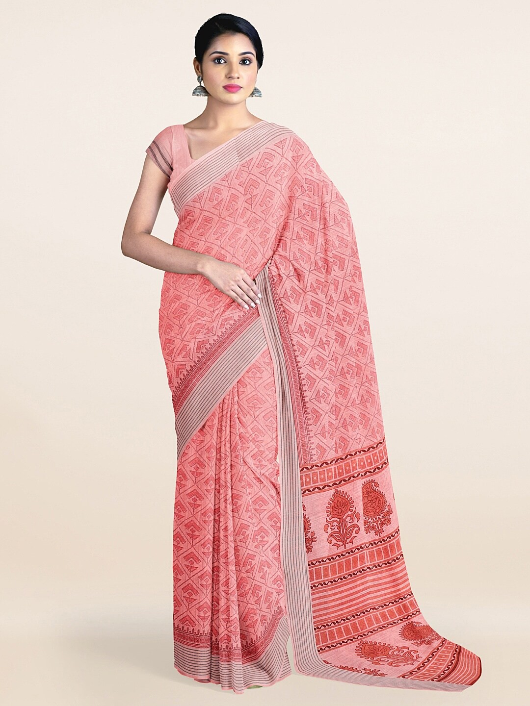 

Pothys Pink & Silver Ethnic Motifs Zari Saree