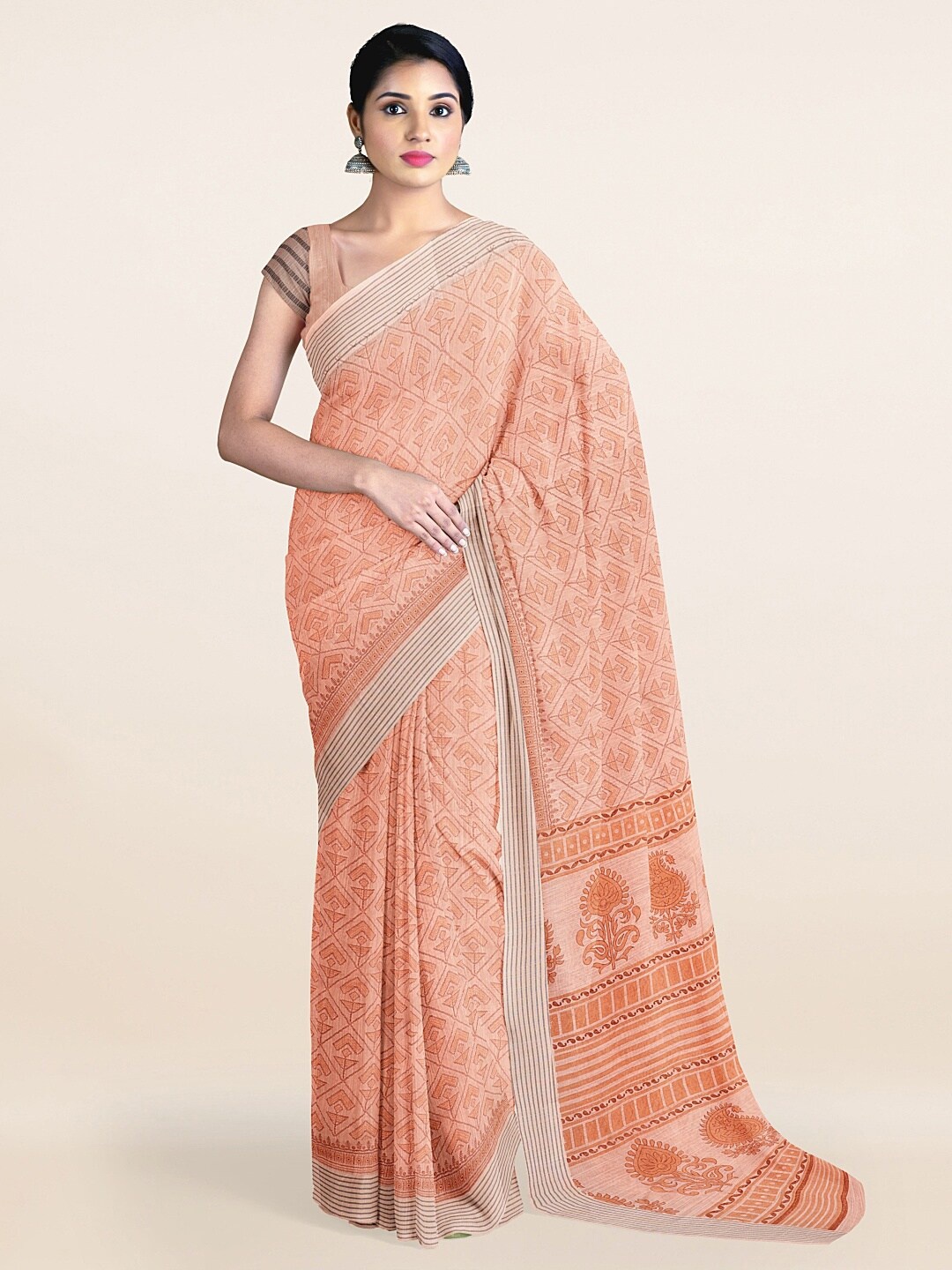 

Pothys Peach-Coloured Ethnic Motifs Saree