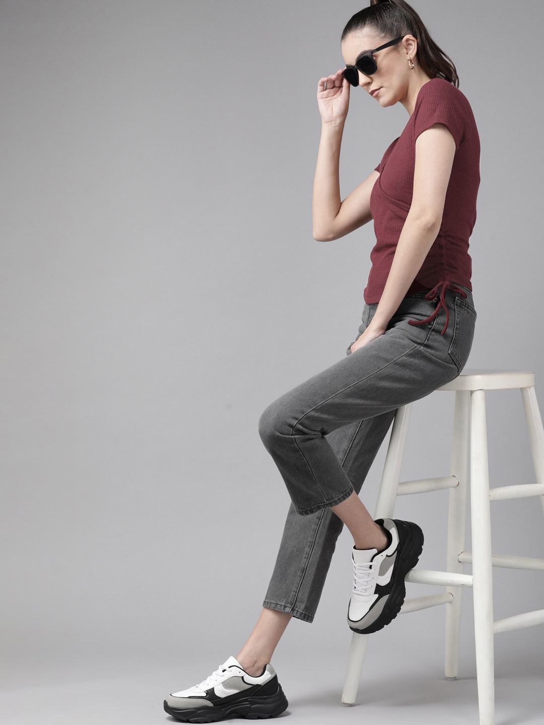 

Roadster Maroon V-Neck Wrap Tie-Up Ruched Top