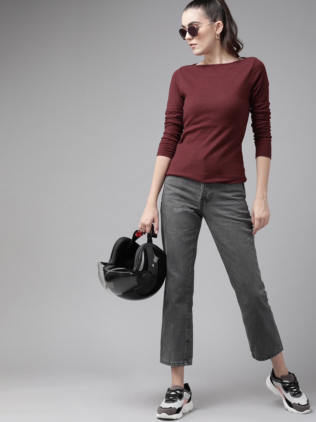 

Roadster Maroon Boat Neck Self-Striped Top