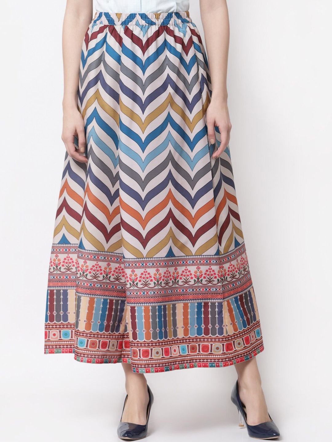 

Myshka Women White & Blue Printed A-Line Maxi Skirt