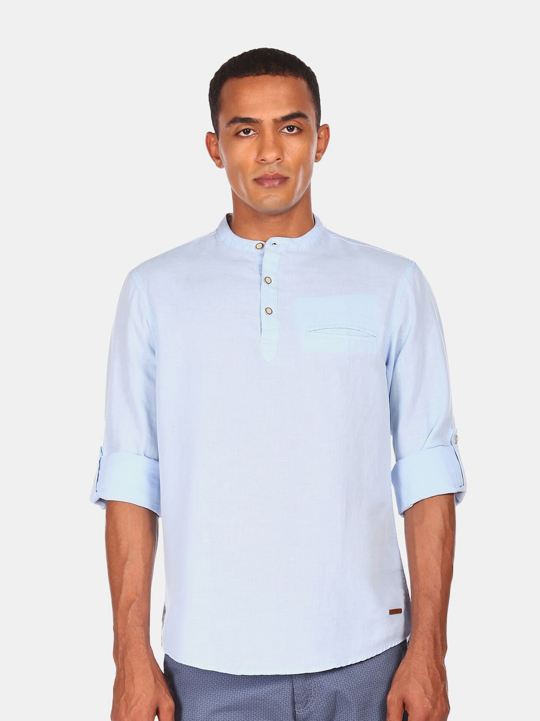 

Cherokee Men Blue Mandarin Collar Cotton Linen Casual Shirt