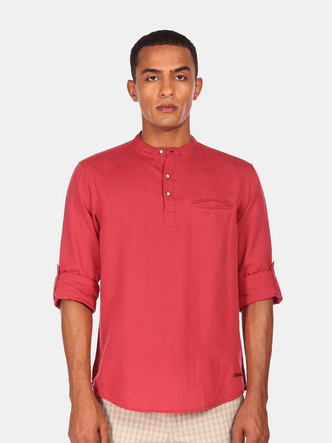 

Cherokee Men Red Solid Band Collar Cotton Casual Shirt