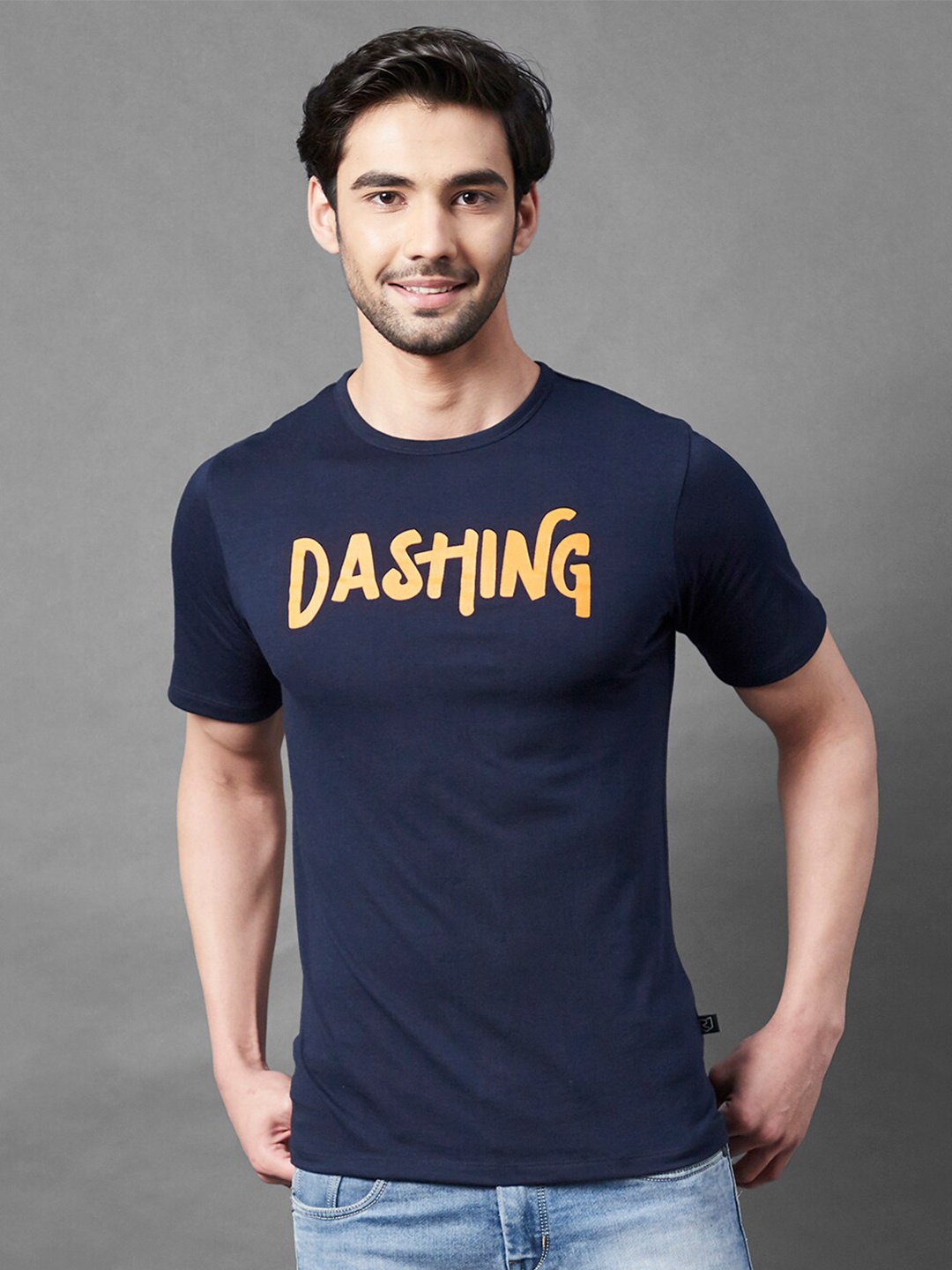 

Rigo Men Navy Blue Typography Printed Slim Fit Cotton T-shirt