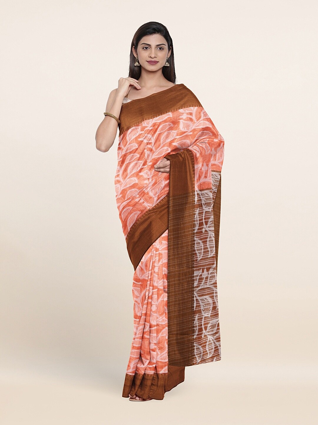 

Pothys Peach-Coloured & Brown Floral Saree