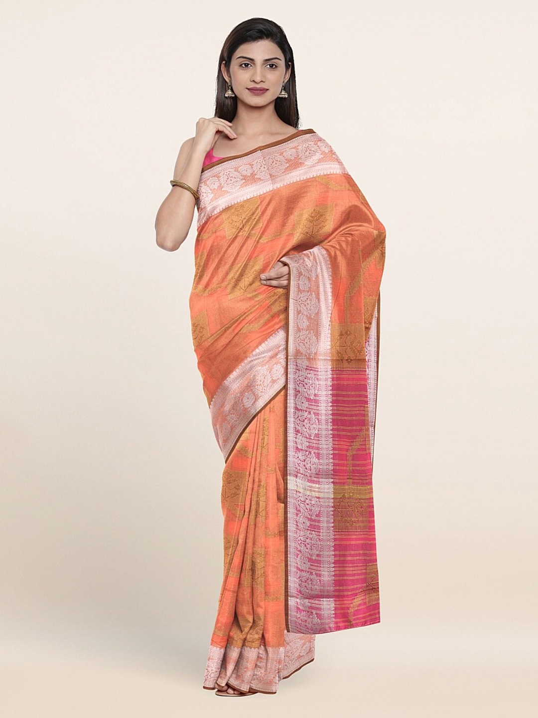 

Pothys Peach-Coloured & Pink Ethnic Motifs Zari Saree