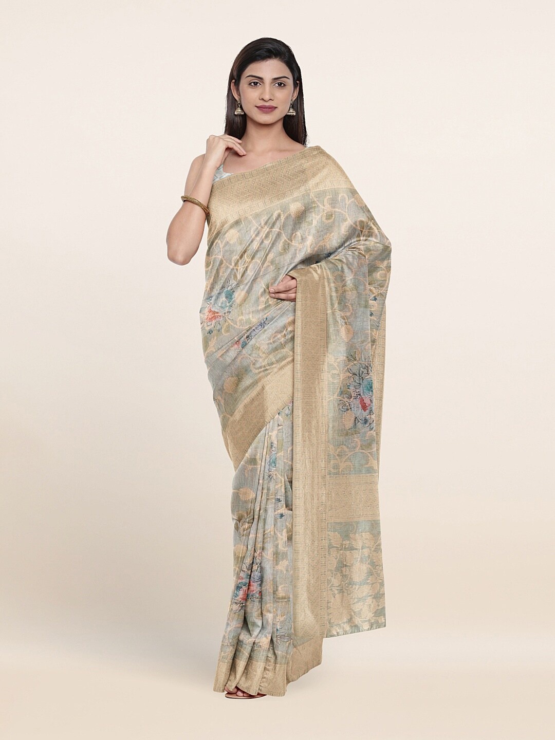 

Pothys Grey & Golden Floral Printed Zari Tissue Saree