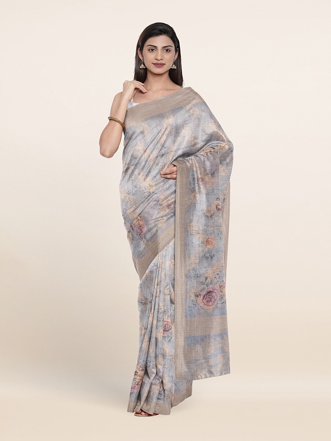 

Pothys Grey & Pink Floral Zari Tissue Saree