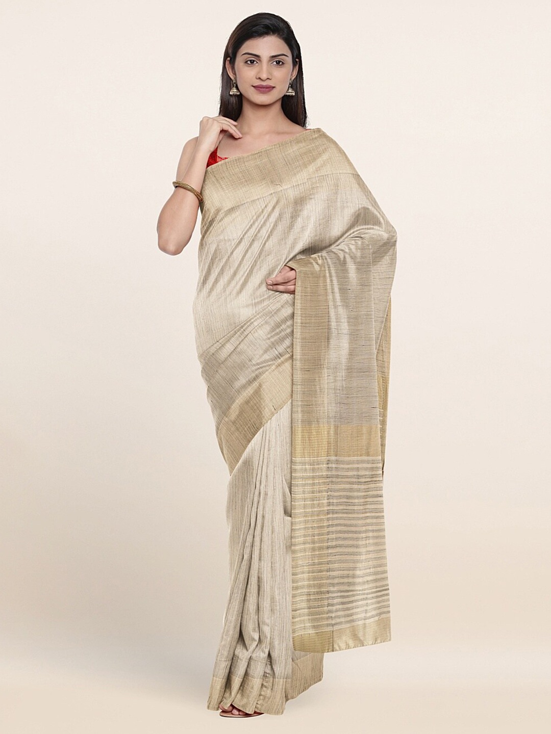 

Pothys Grey & Gold-Toned Zari Border Tissue Saree