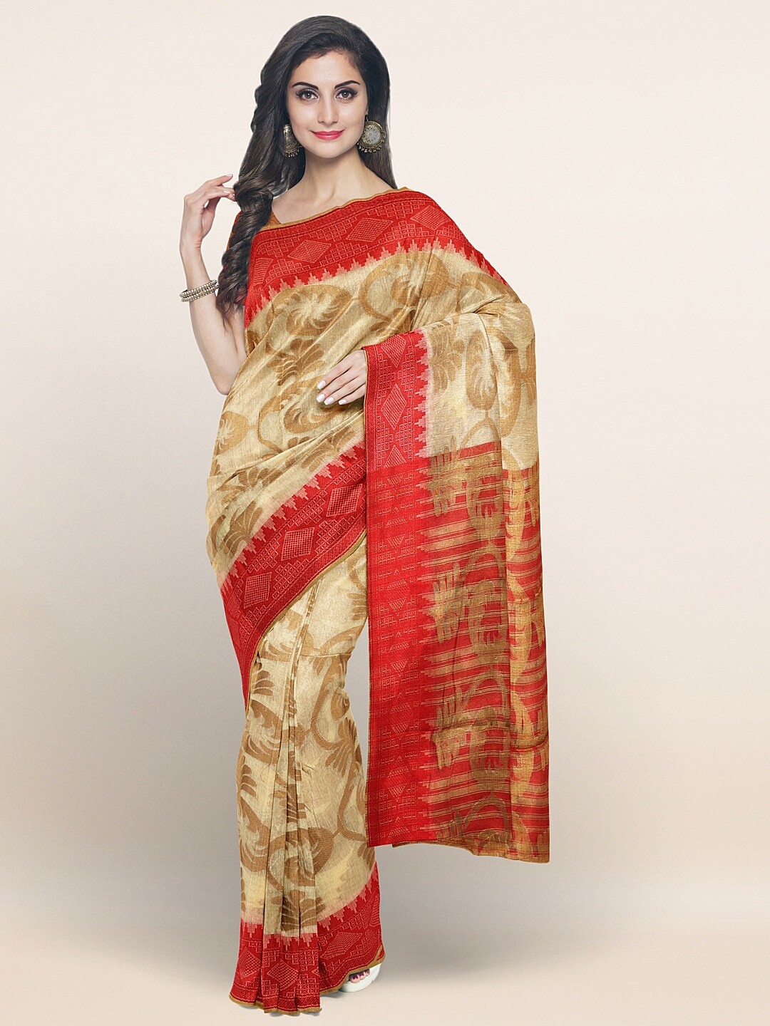

Pothys Cream-Coloured & Red Floral Saree