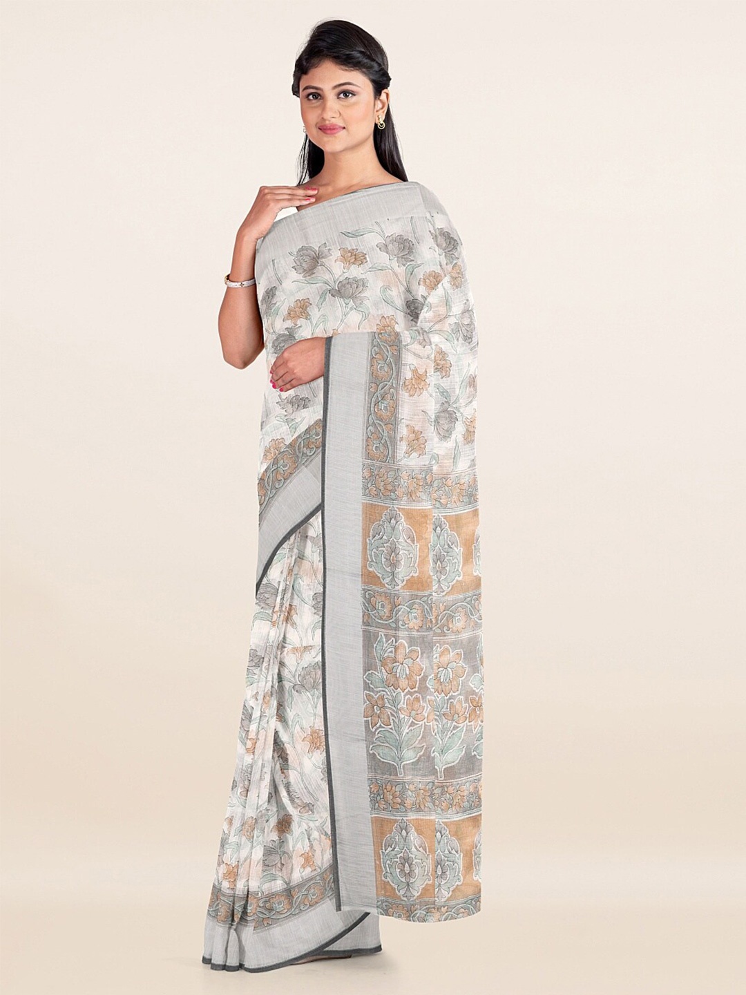 

Pothys Off White & Grey Floral Zari Cotton Blend Saree