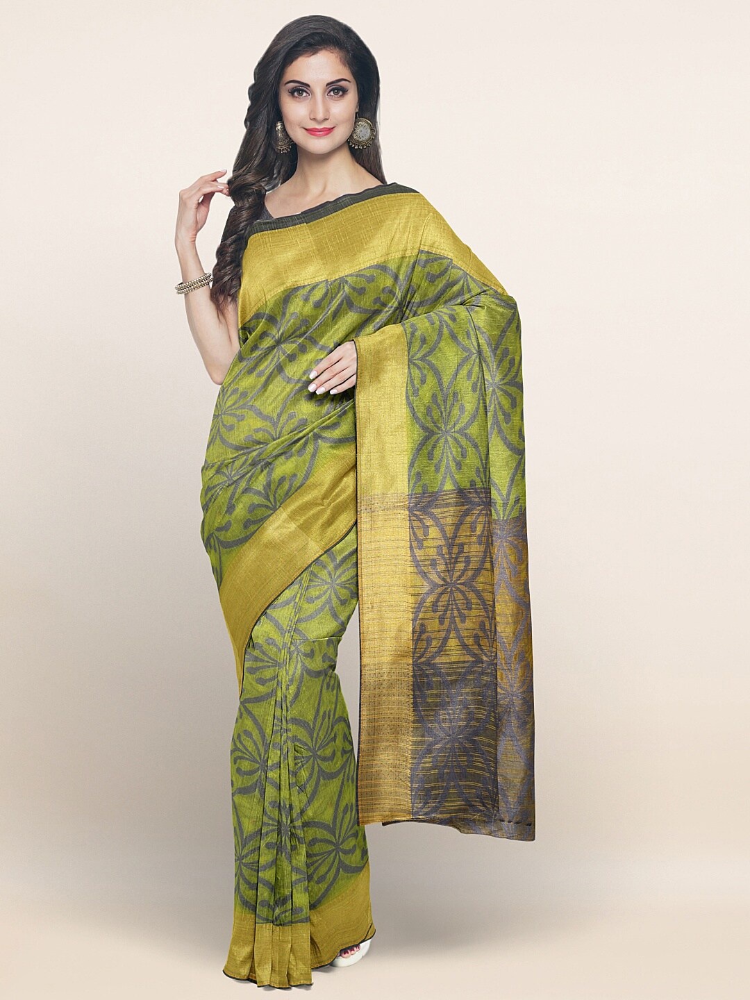 

Pothys Green & Grey Geometric Printed Zari Saree