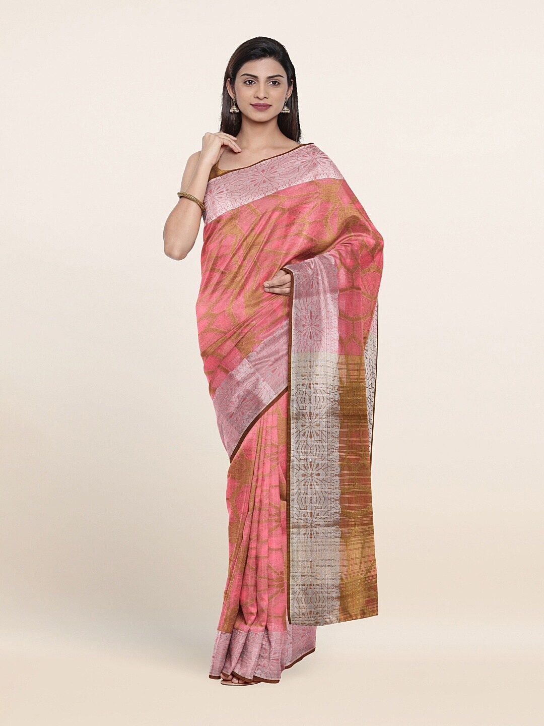 

Pothys Pink & Silver-Toned Floral Saree