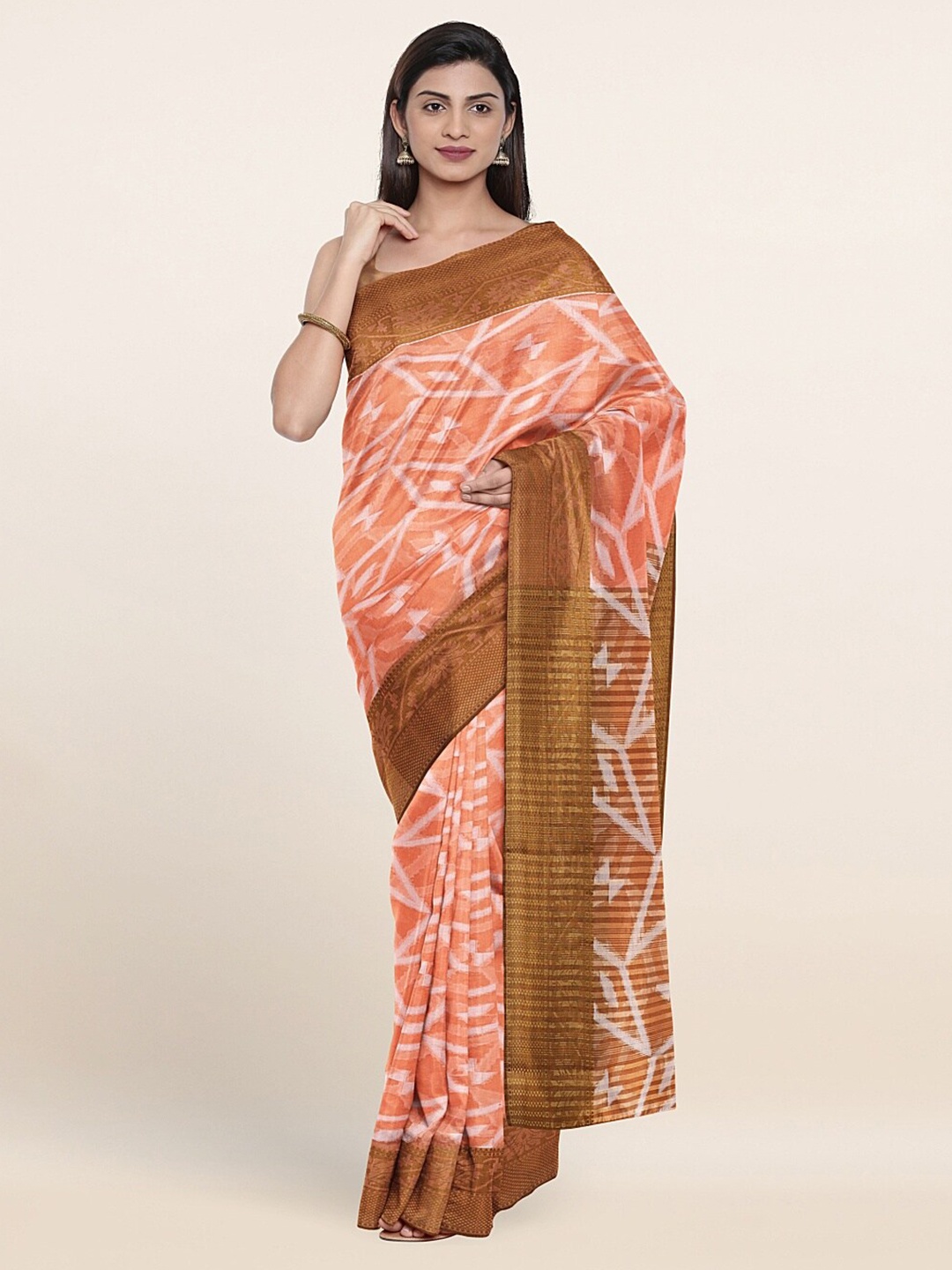 

Pothys Peach-Coloured & Brown Printed Saree