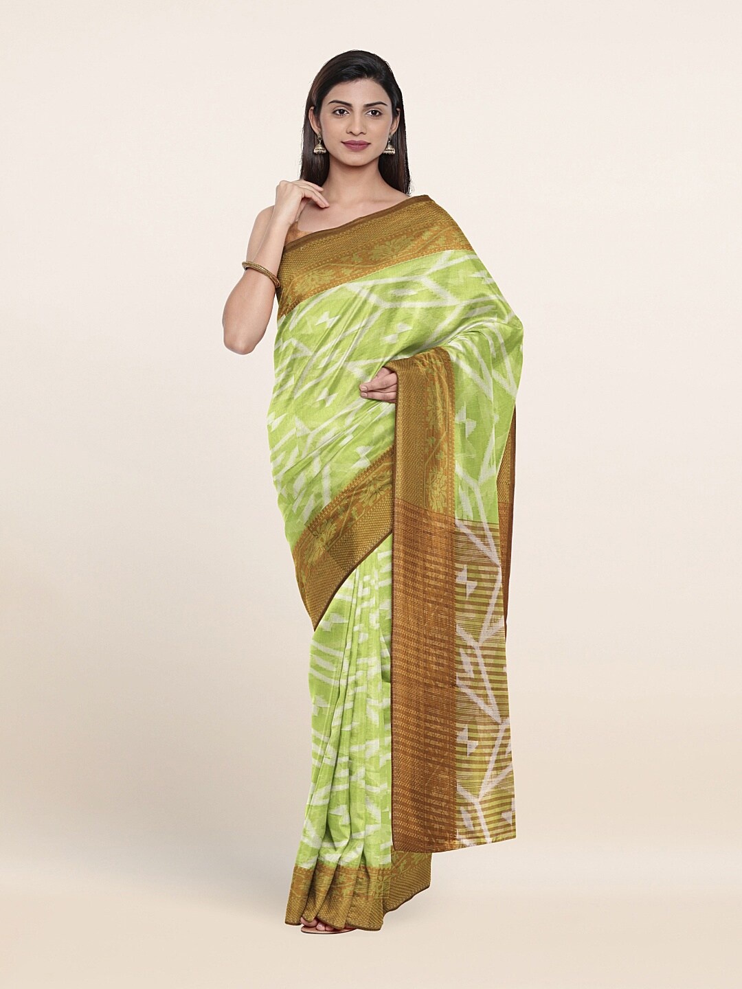 

Pothys Fluorescent Green & Gold-Toned Printing Zari Cotton Blend Saree