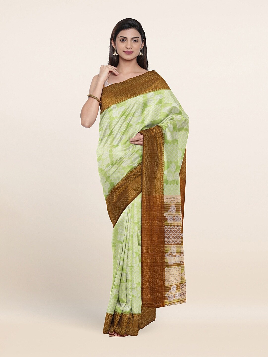 

Pothys Green & Brown Ethnic Motifs Woven Zari Saree