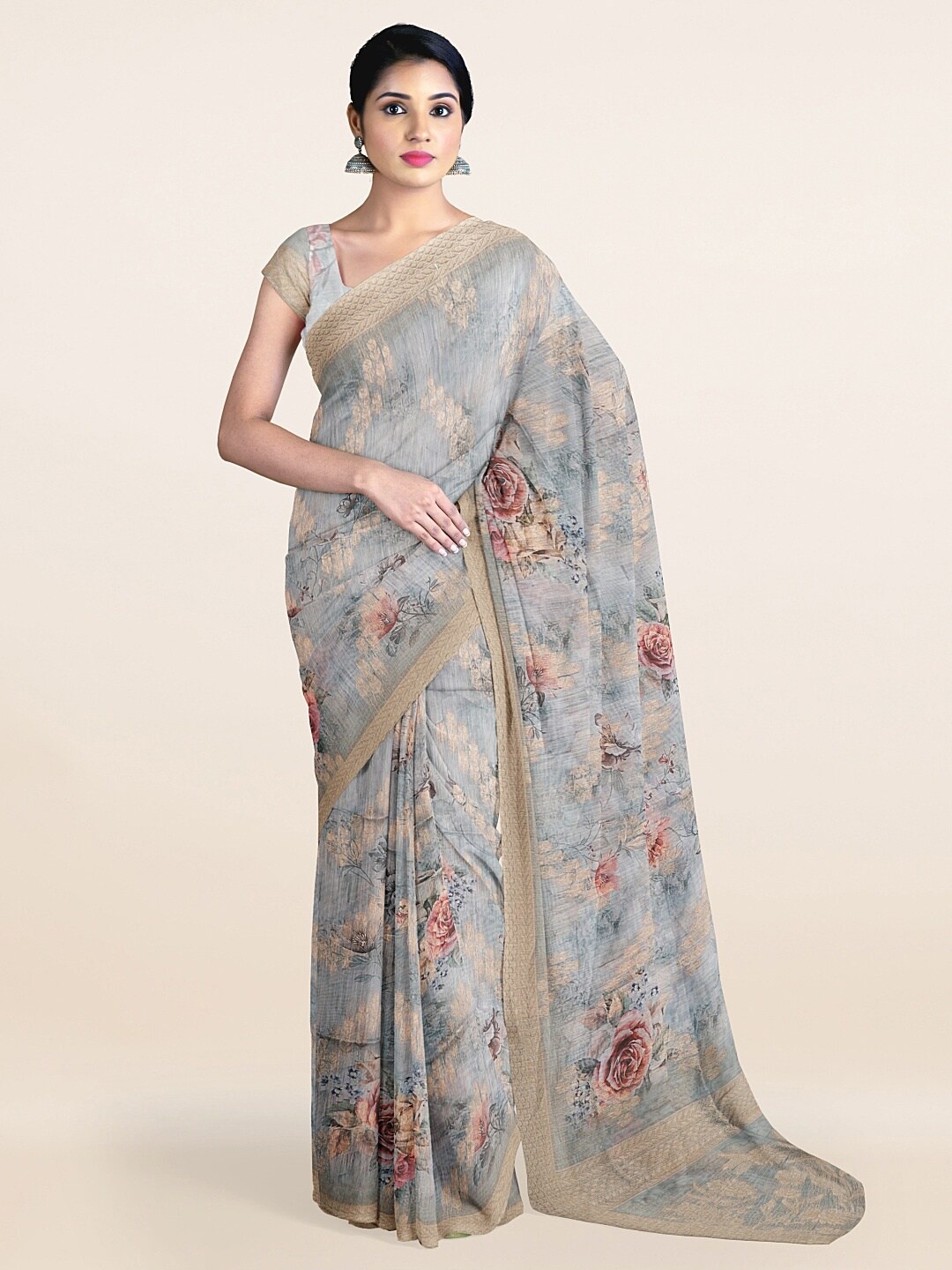 

Pothys Grey & Red Floral Tissue Saree