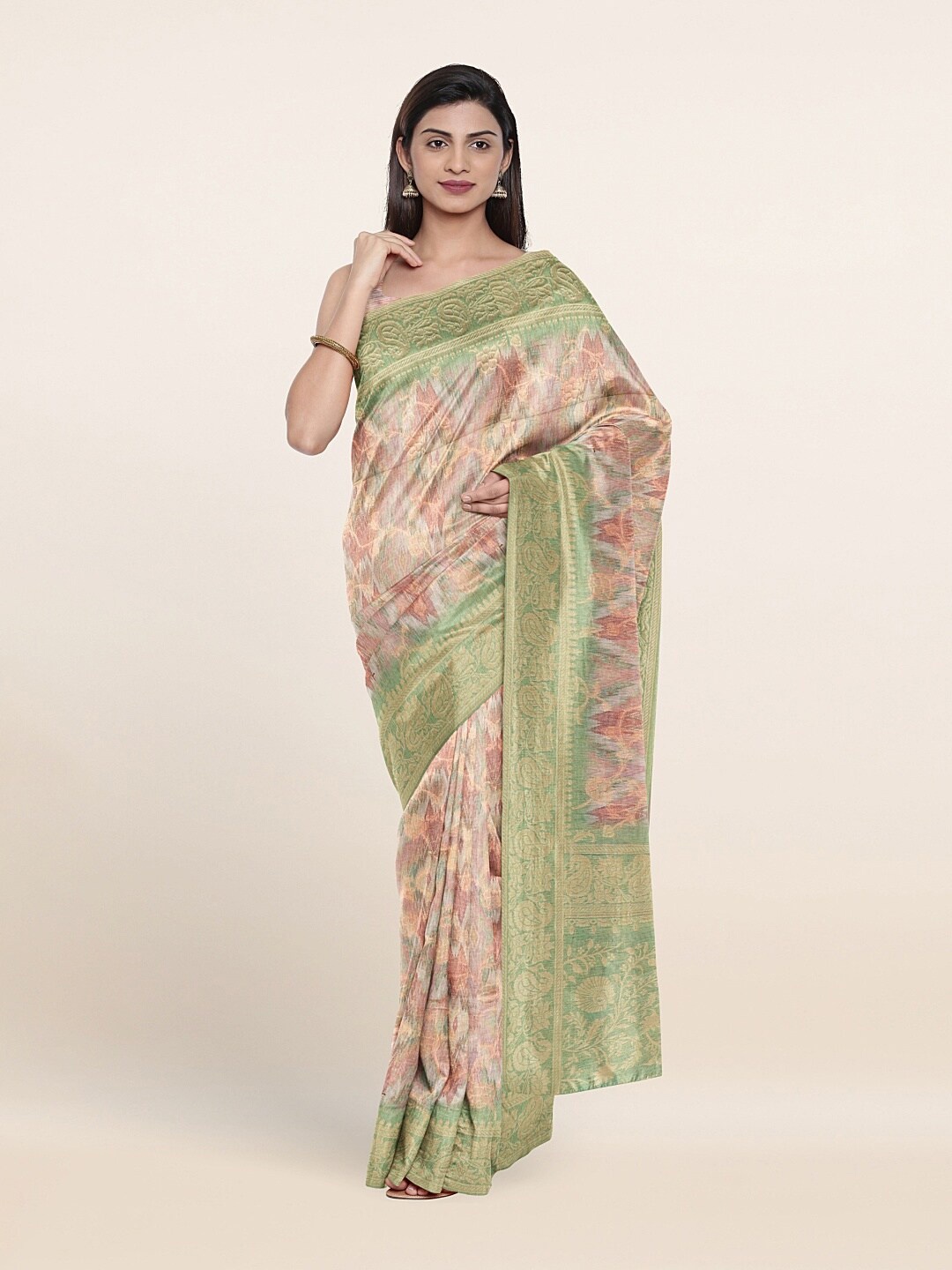 

Pothys Pink & Green Ethnic Motifs Zari Tissue Saree