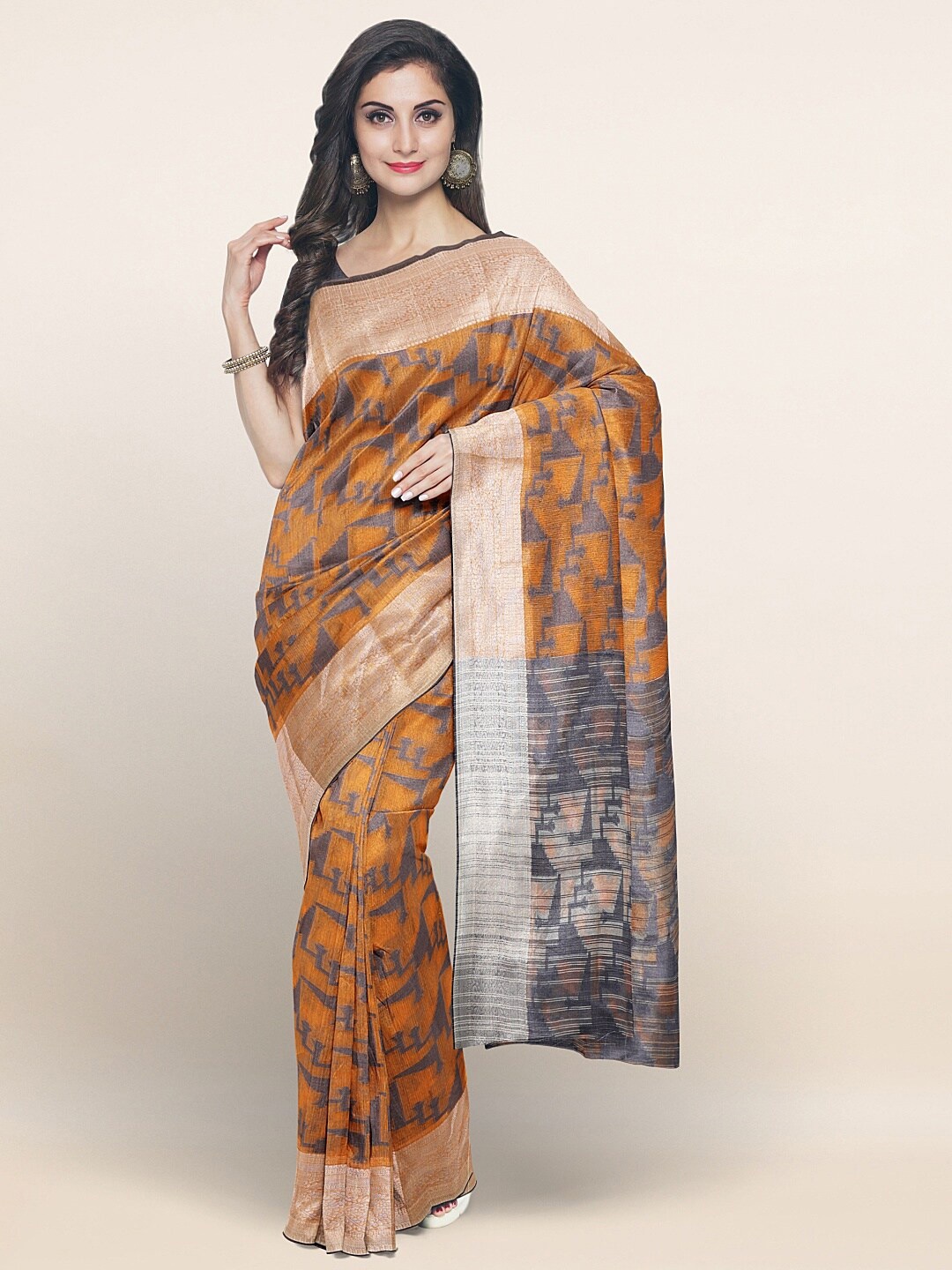 

Pothys Peach-Coloured & Silver Floral Zari Saree