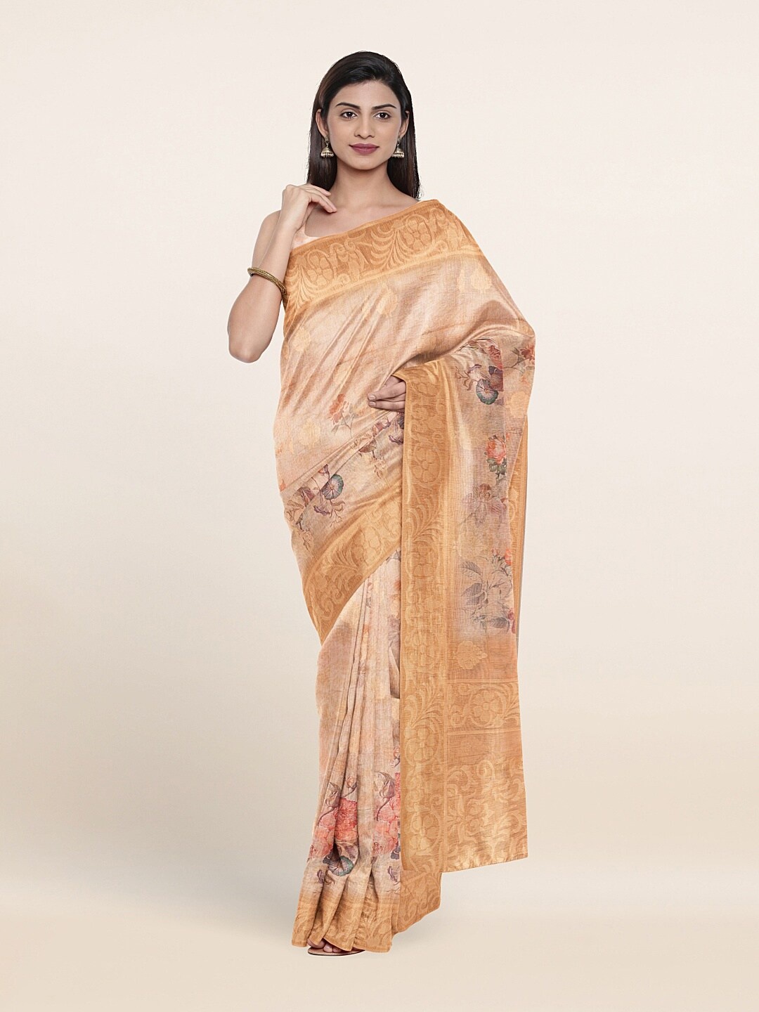 

Pothys Beige & Gold-Toned Floral Tissue Saree