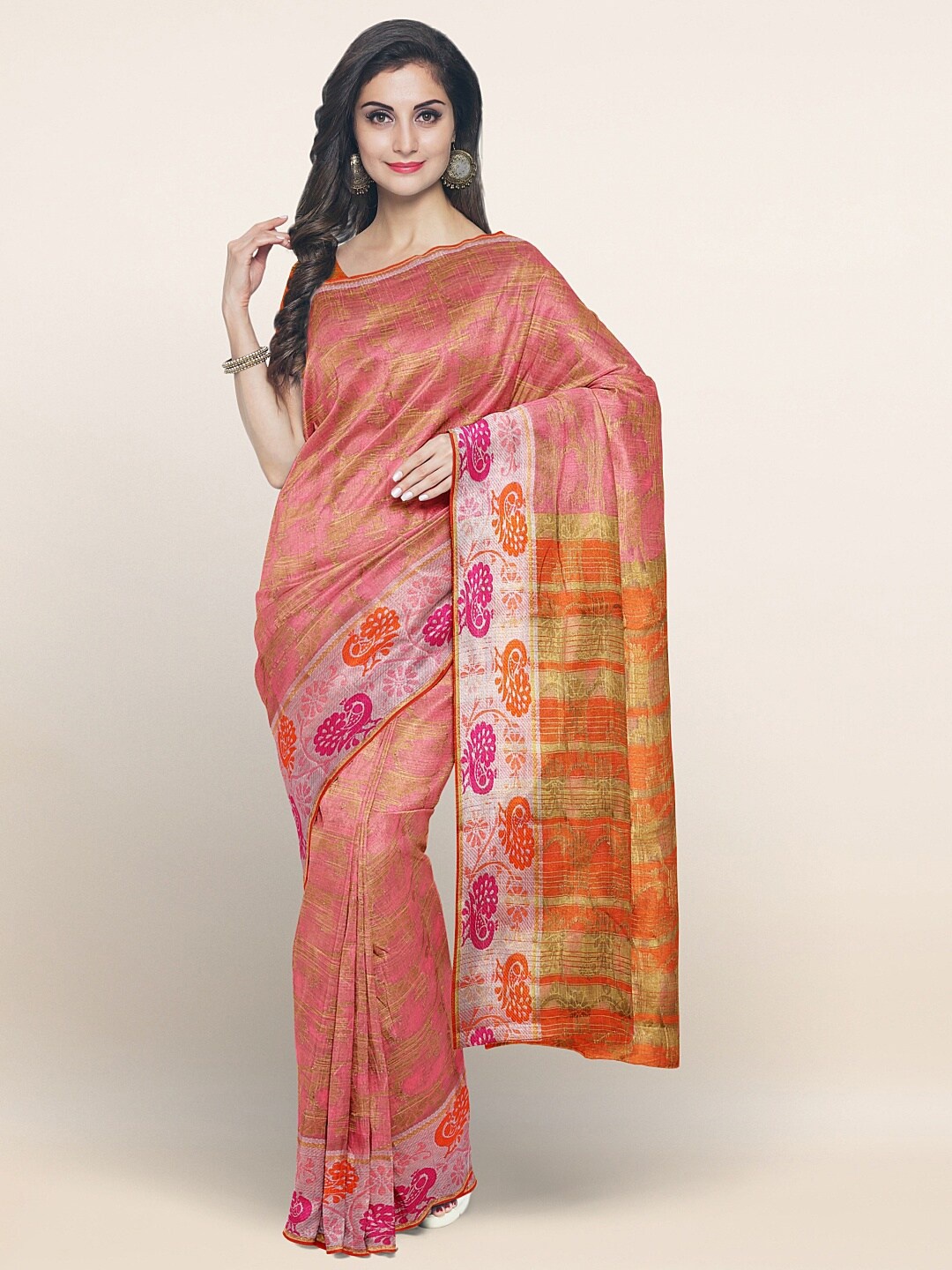

Pothys Pink & Orange Floral Printed Zari Saree