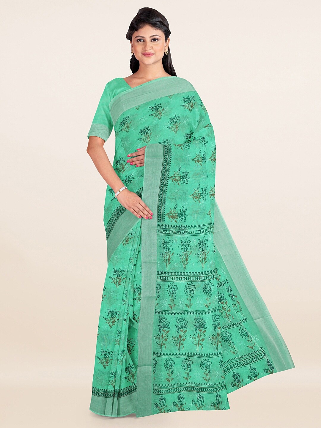 

Pothys Sea Green & Silver Floral Zari Saree