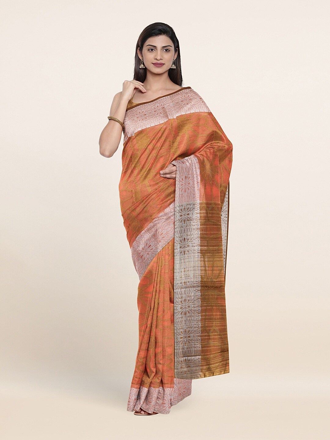 

Pothys Peach-Coloured & Gold-Toned Ethnic Motifs Saree