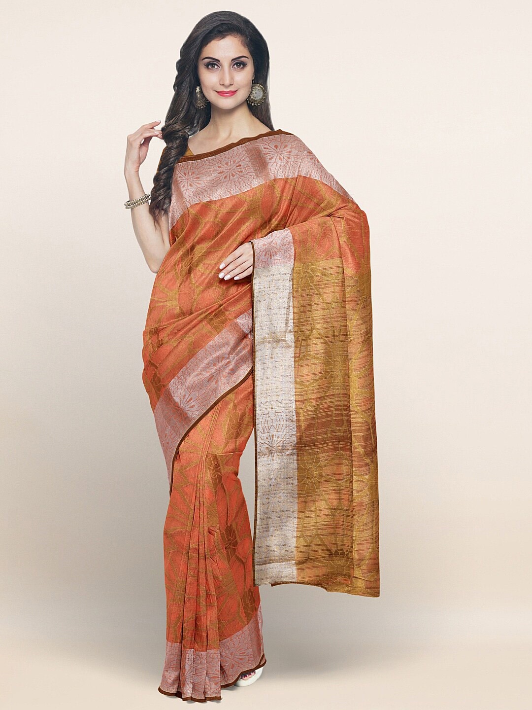 

Pothys Peach-Coloured & Beige Ethnic Motifs Printed Zari Saree