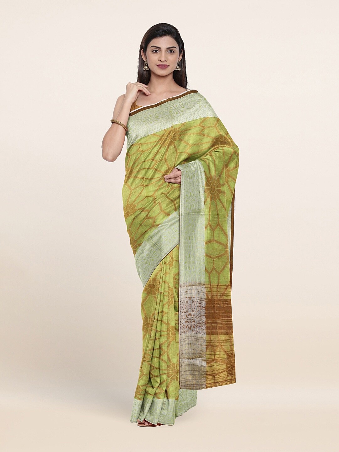 

Pothys Green & Brown Ethnic Motifs Woven Zari Saree