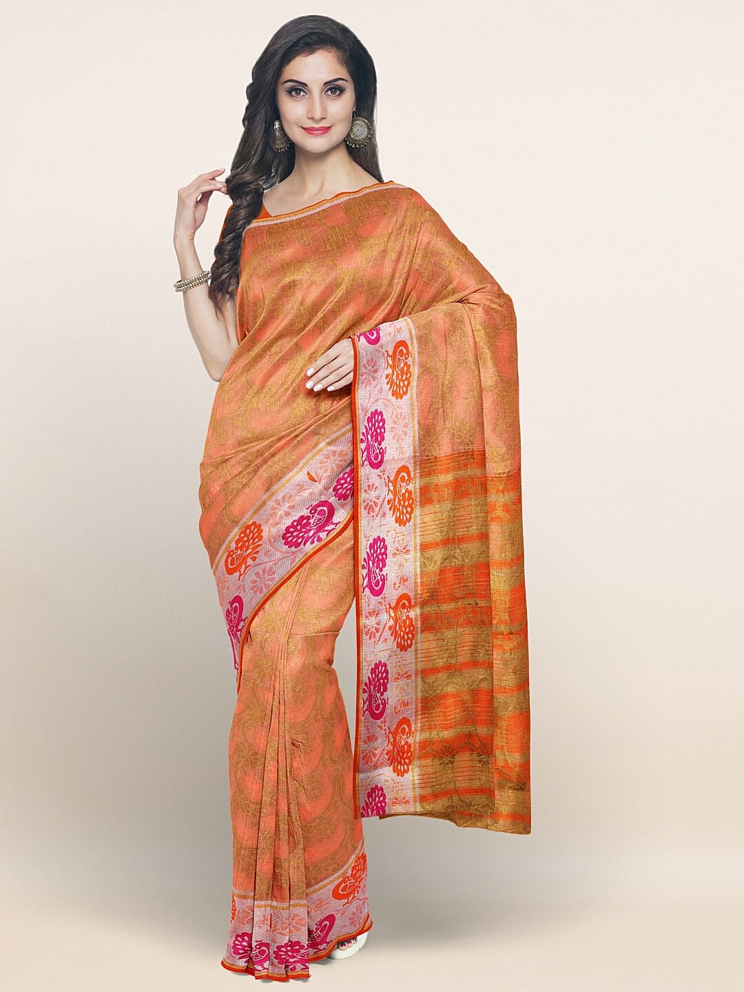 

Pothys Peach-Coloured & Silver-Toned Ethnic Motifs Saree