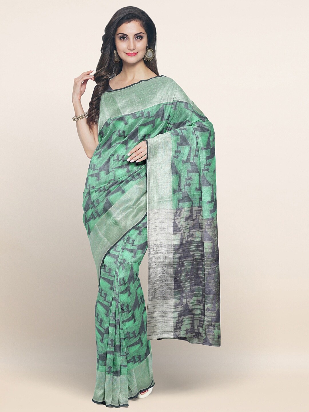 

Pothys Green & Silver-Toned Woven Design Zari Saree