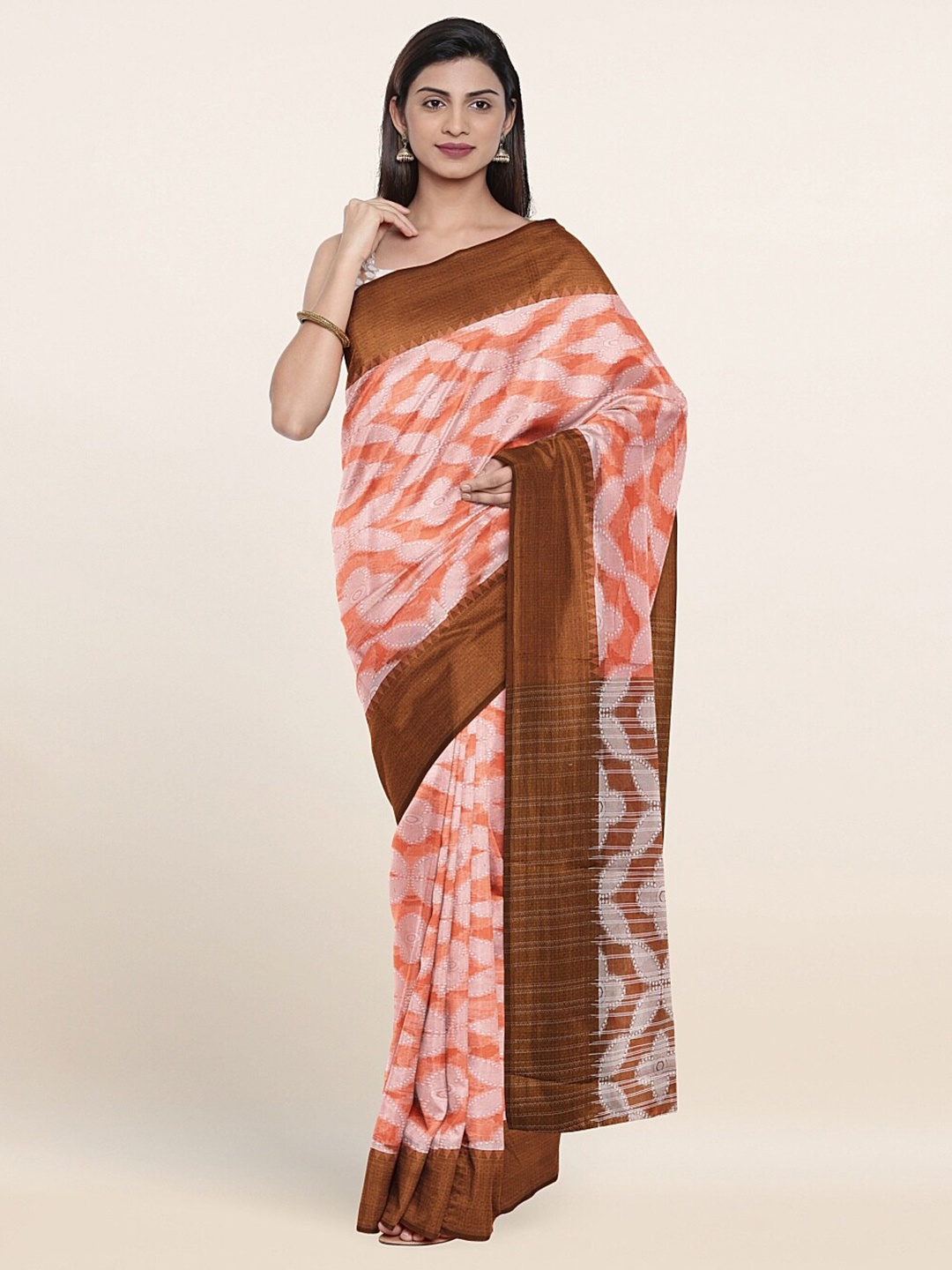 

Pothys Peach-Coloured & Silver Ethnic Motifs Woven Zari Saree
