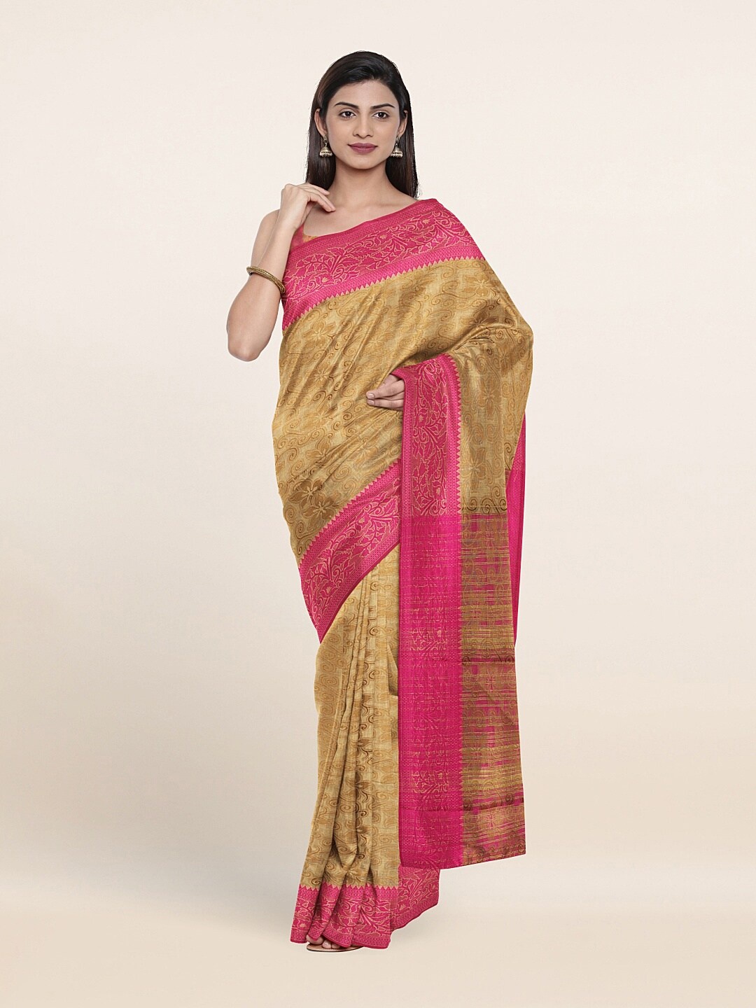 

Pothys Beige & Magenta Floral Printed Zari Saree