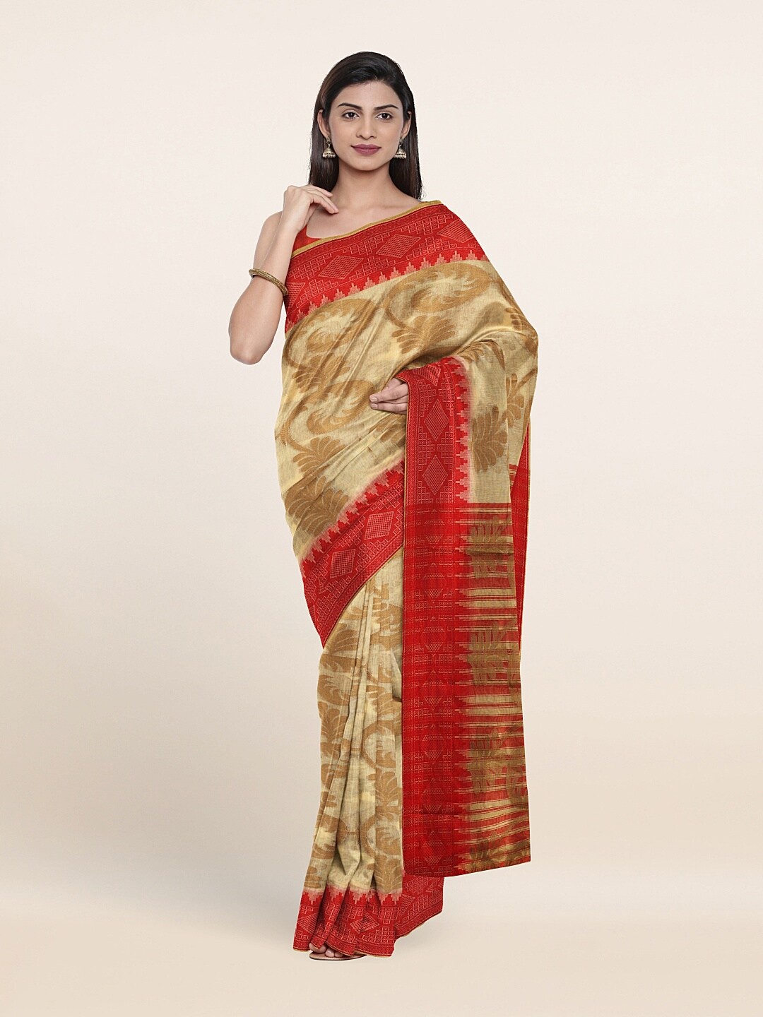 

Pothys Red & Gold-Toned Ethnic Motifs Zari Cotton Blend Saree