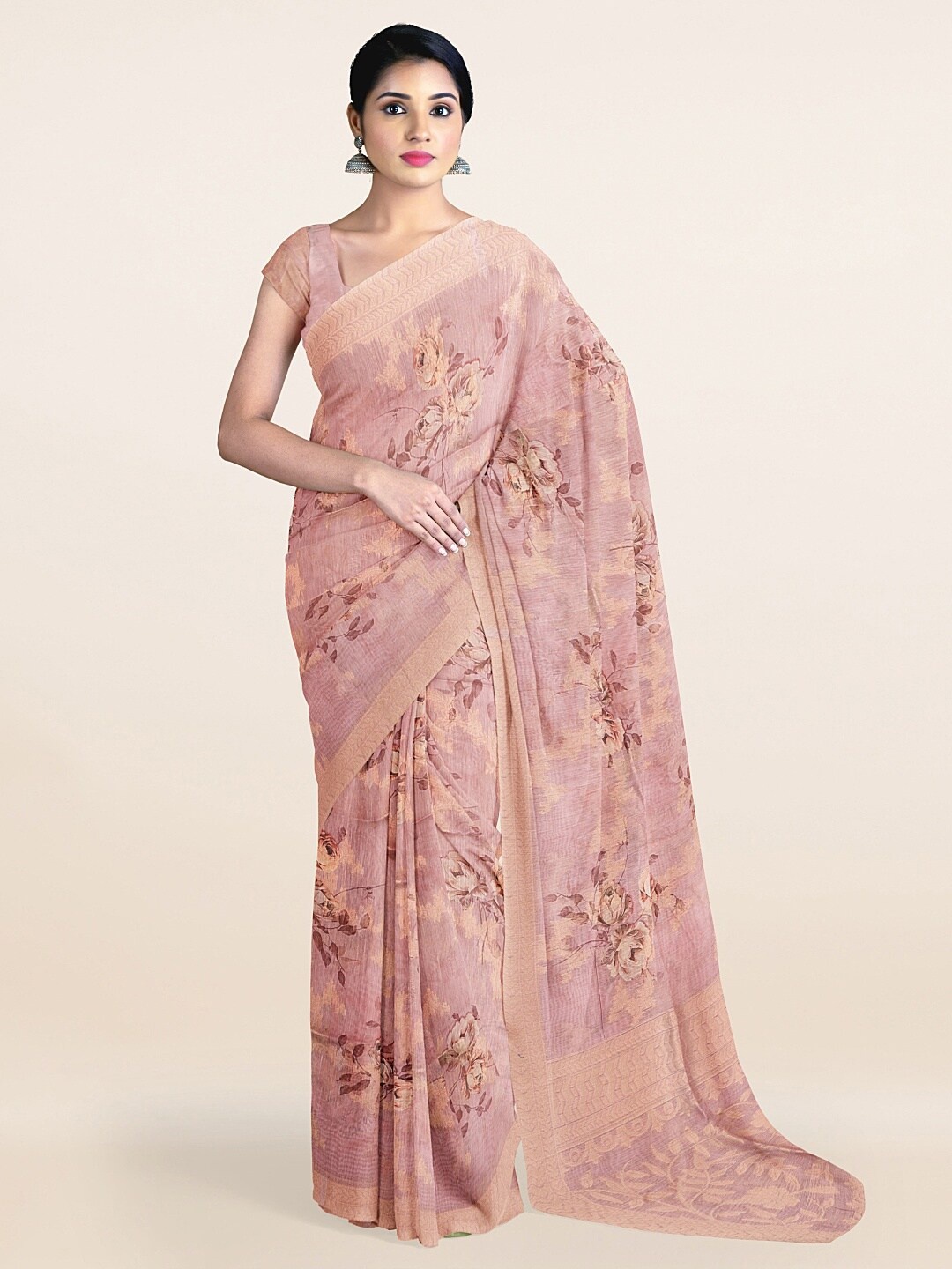

Pothys Mauve & Beige Floral Zari Tissue Saree
