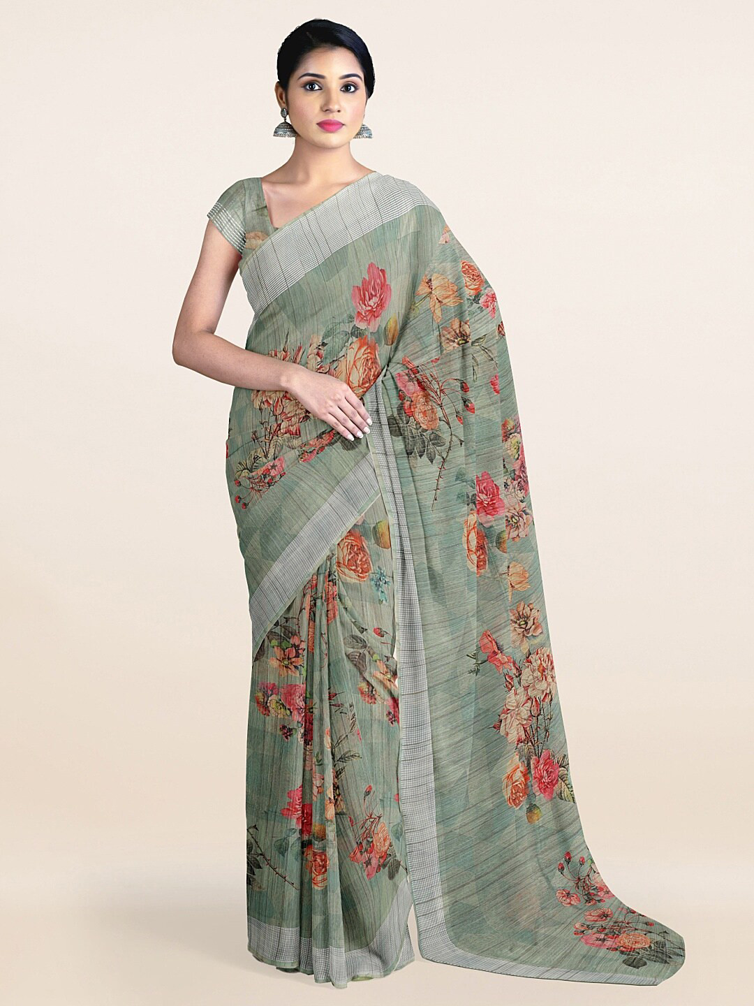 

Pothys Green & Orange Floral Tissue Saree